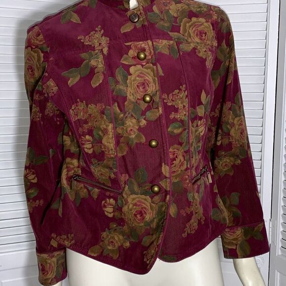 Liz Claiborne Wine Floral Corduroy Button Down Jacket Petite Large - Picture 5 of 14
